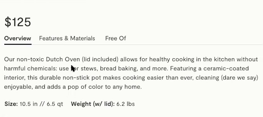 Actual Caraway product detail showing a large 125-dollar price above smaller description text.