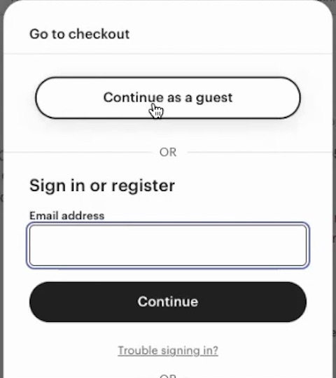 Actual Etsy checkout panel. The guest button appears first, before the sign-in section and email field.