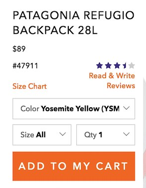 Actual Patagonia buying section. The 89-dollar price is much smaller than the product title and orange purchase button.