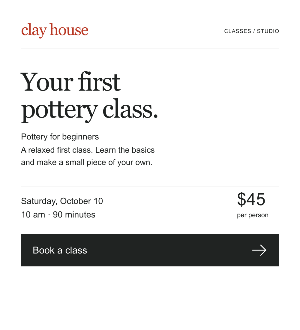 Pottery class Page B: Saturday October 10, 10 am, 90 minutes, $45. The date and price sit above the black Book a class button.